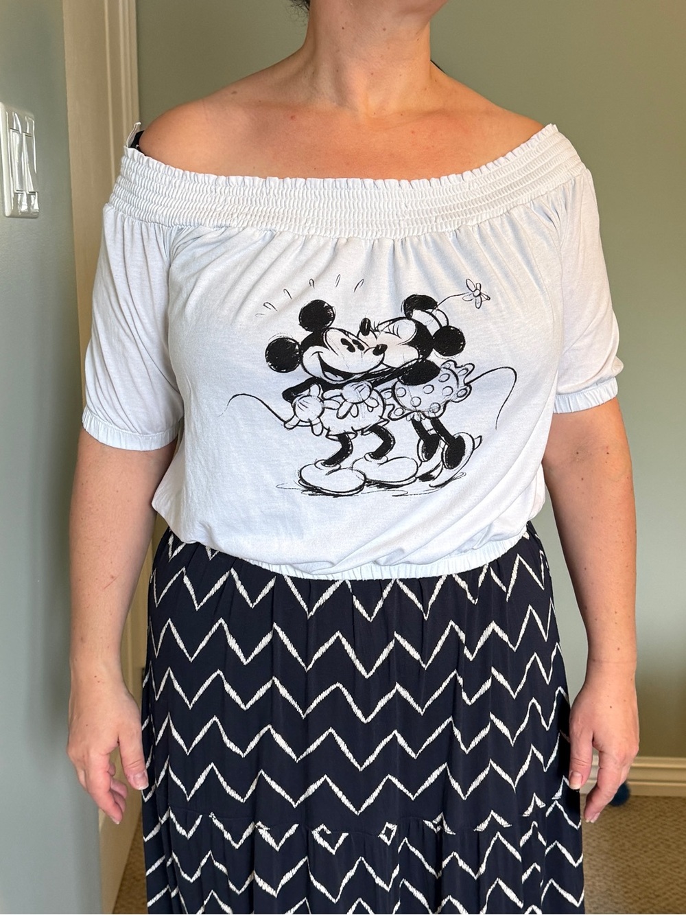 Disney White Off-Shoulder Mickey & Minnie Crop Top